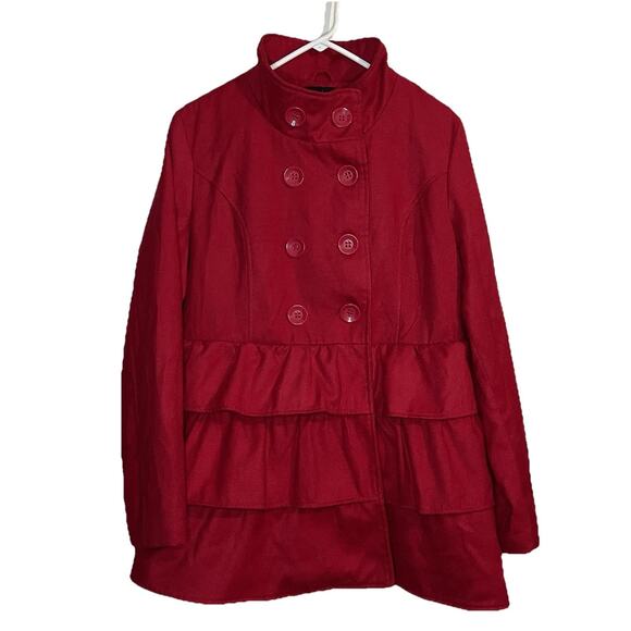 Vintage Dots Red Ruffle Tiered Double Breasted Peacoat Jacket Women’s XL Chic - Picture 1 of 9